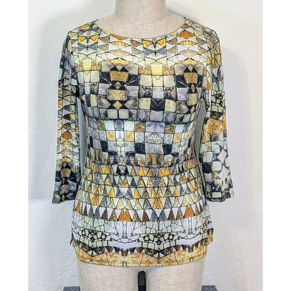 Peck & Peck Womens Medium Geometric Print Top Stretch Knit 3/4 Sleeve Blouse USA